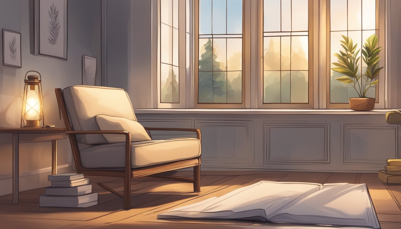 A serene setting with a comfortable cushion or chair, soft lighting,
and a peaceful atmosphere. A timer set for 10 minutes, with a notebook
and pen nearby for
reflection