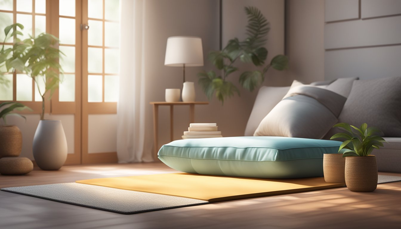 A serene setting with a cushioned mat, soft lighting, and a tranquil
atmosphere for meditation
practice