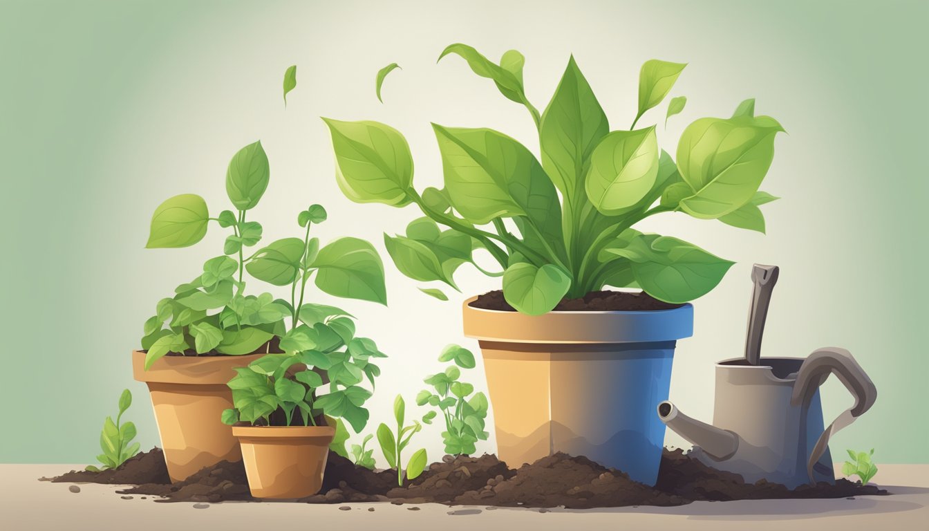 A wilted plant with drooping leaves, surrounded by discarded pots and
tools. A small sprout emerges from the soil, symbolizing growth from
failure