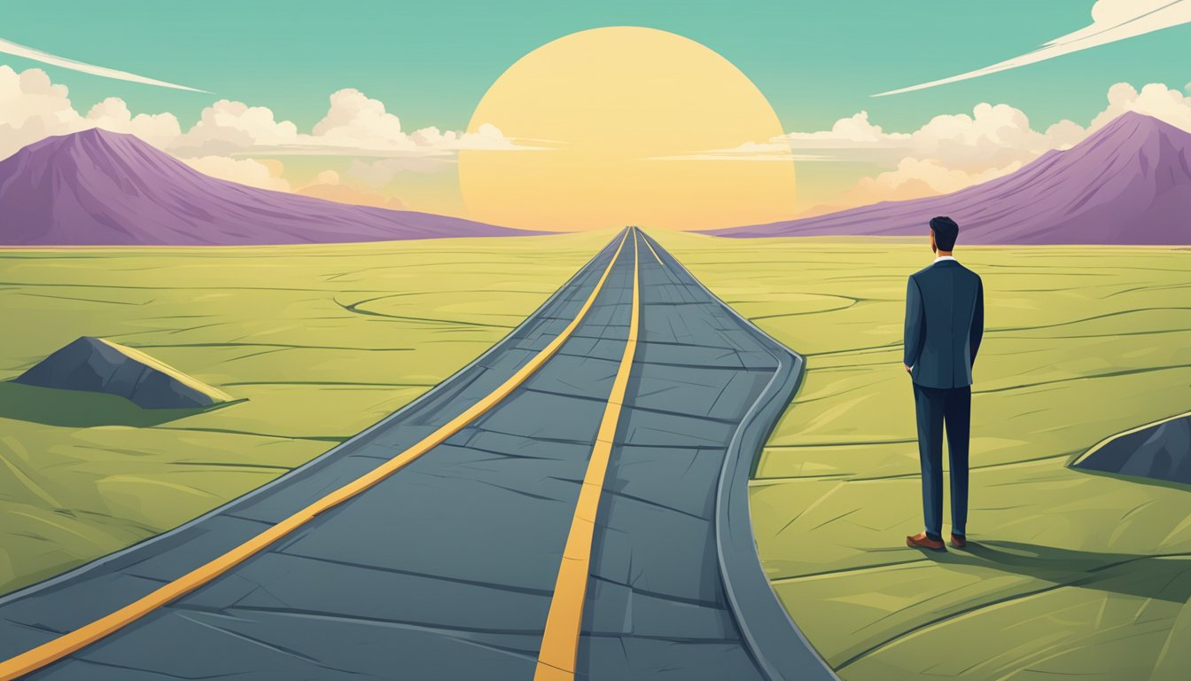 A person standing at a crossroads, one path leading to success and the
other to failure. The person is looking back at the path of failure,
contemplating how to turn setbacks into
success