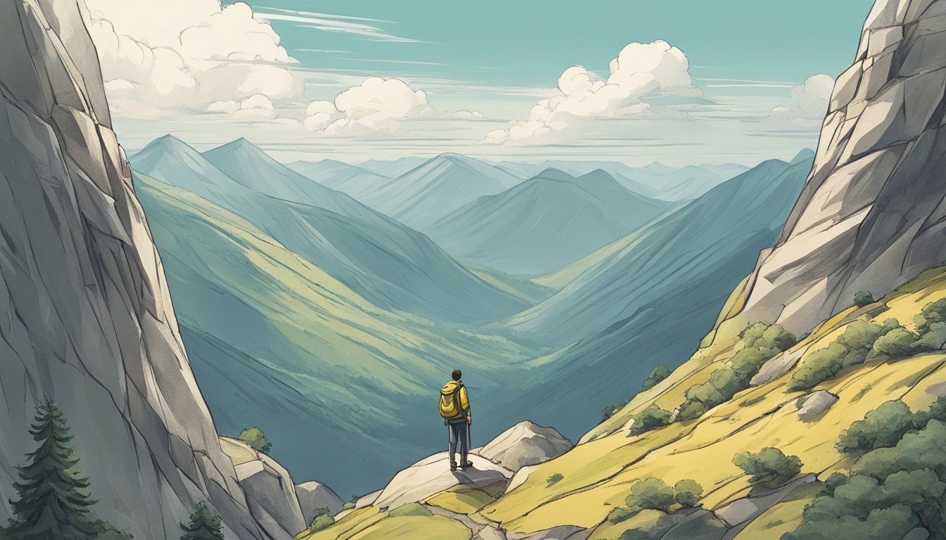 A figure standing on a mountain peak, looking down at a winding path
of obstacles, with a clear, determined
expression