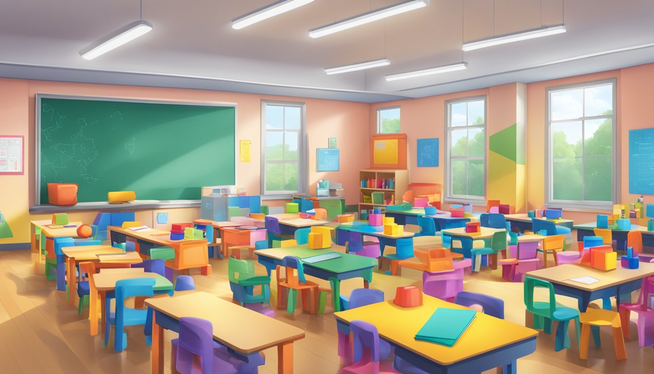 A classroom filled with colorful, interactive learning tools and
materials, including tactile objects, visual aids, and auditory
resources, creating a dynamic and engaging environment for
students