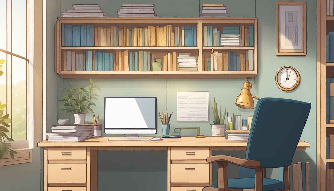 A serene, clutter-free workspace with a single desk and chair bathed
in soft, natural light. A bookshelf filled with educational materials
and a clock ticking softly in the
background