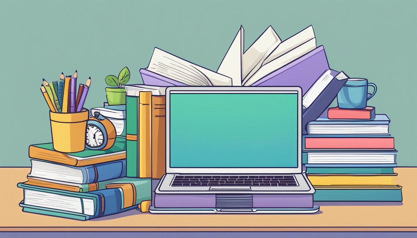 A stack of colorful textbooks and online resources arranged neatly on
a desk, with a laptop open to a webpage of free educational
courses