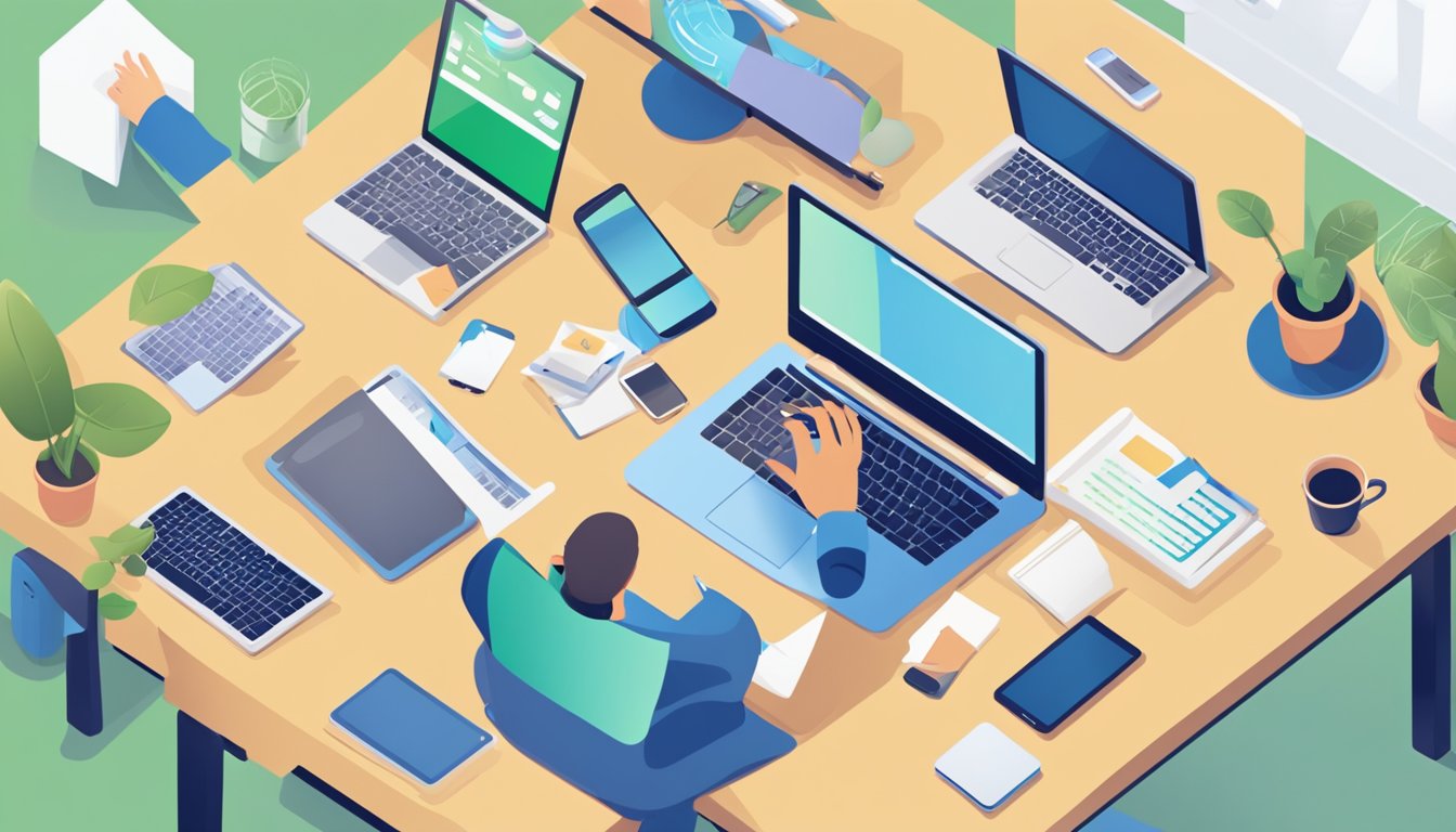 A person sits at a desk, surrounded by a laptop, tablet, and
smartphone. They are accessing free and affordable educational resources
online, managing their learning with
technology