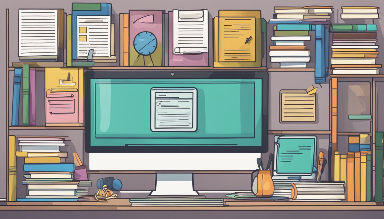 A computer screen displaying psychology resources, surrounded by books
and
notes