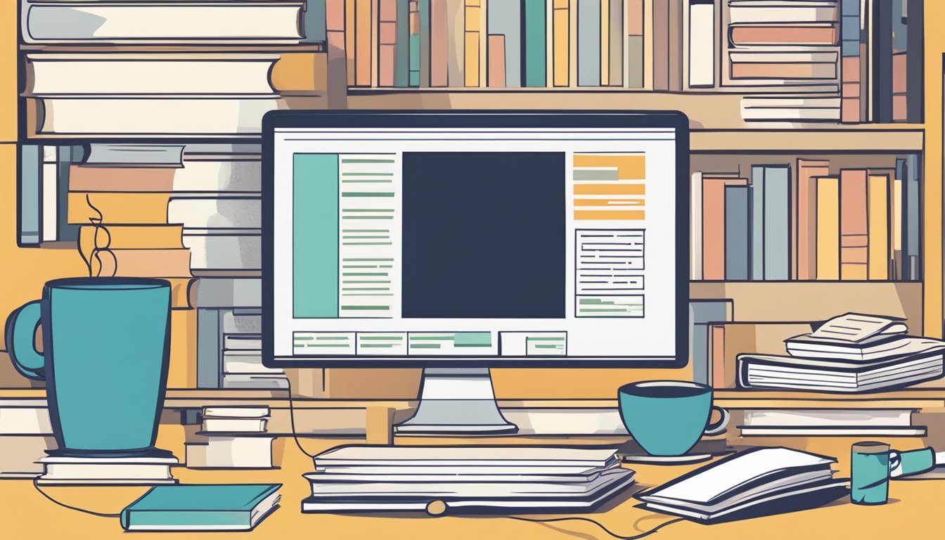 A computer screen displaying a webpage on psychology fundamentals,
surrounded by open books and notes, with a cup of coffee
nearby