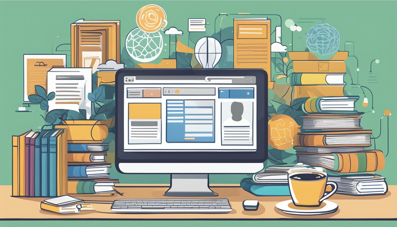 A computer screen displaying various psychology websites, surrounded
by open books and notebooks. A cup of coffee sits
nearby