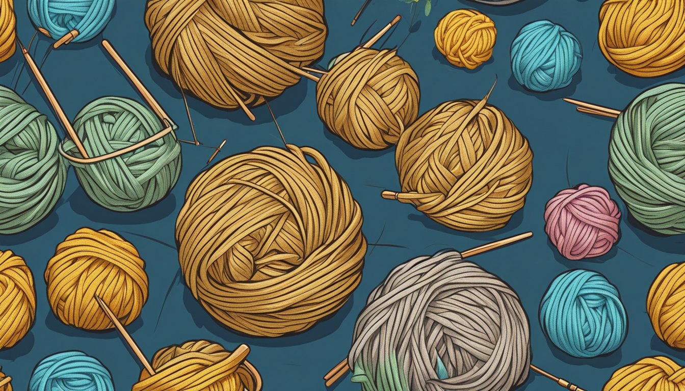A ball of yarn unravels as knitting needles weave through loops,
creating a fabric. A pattern book lies open, guiding the
process