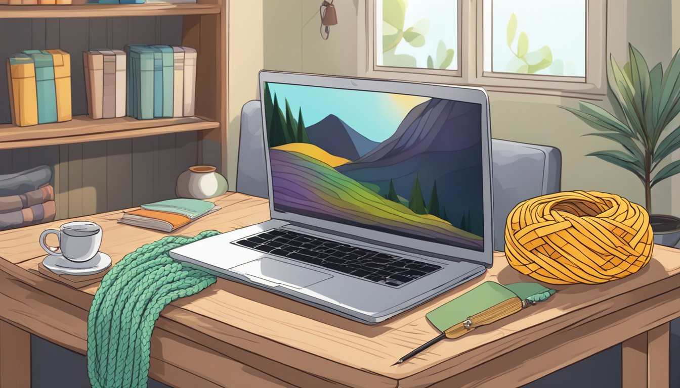 A table with yarn, needles, and a pattern book. A laptop displaying
knitting tutorials. A comfortable chair and good
lighting