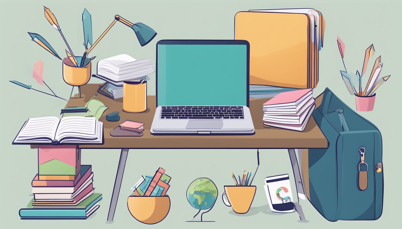A desk with open books, a laptop, and notes. A brain with arrows
pointing to it, representing cognitive
enhancement