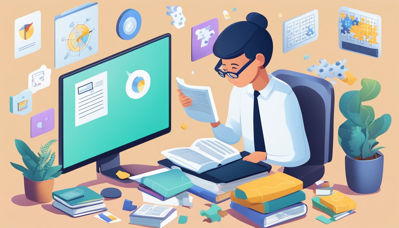 A person reads a book while surrounded by puzzles, brain teasers, and
educational games. A laptop displays online courses and a whiteboard
lists study
strategies