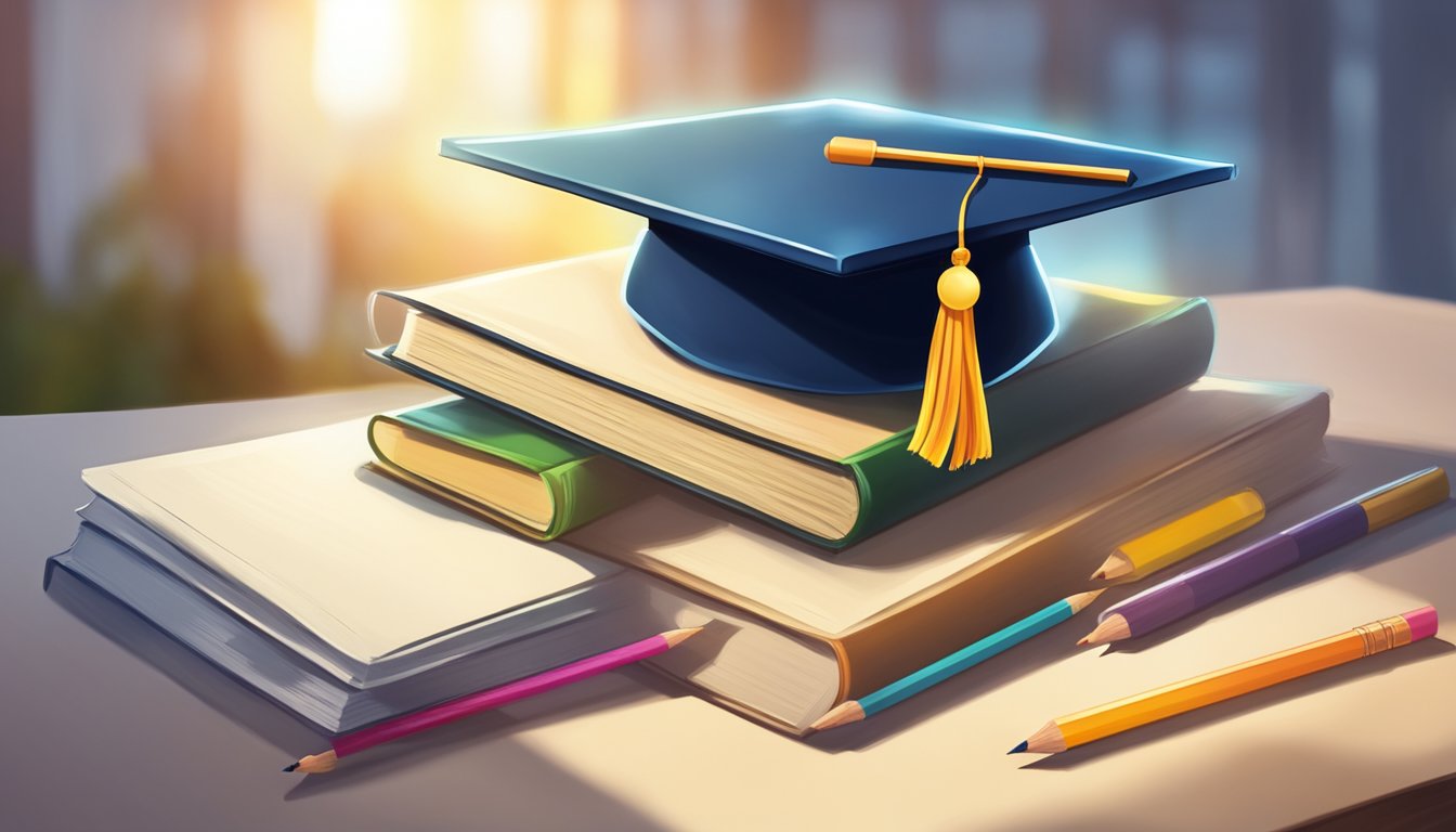 A stack of books with a graduation cap on top, surrounded by open
notebooks and pencils, with a beam of light shining down on
them