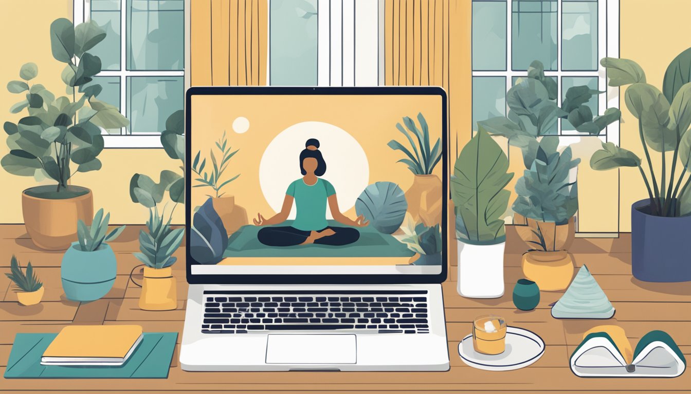 A laptop displaying a virtual yoga class, surrounded by diverse yoga
props and equipment. A caption reads “Accessible Yoga for All” in bold
letters