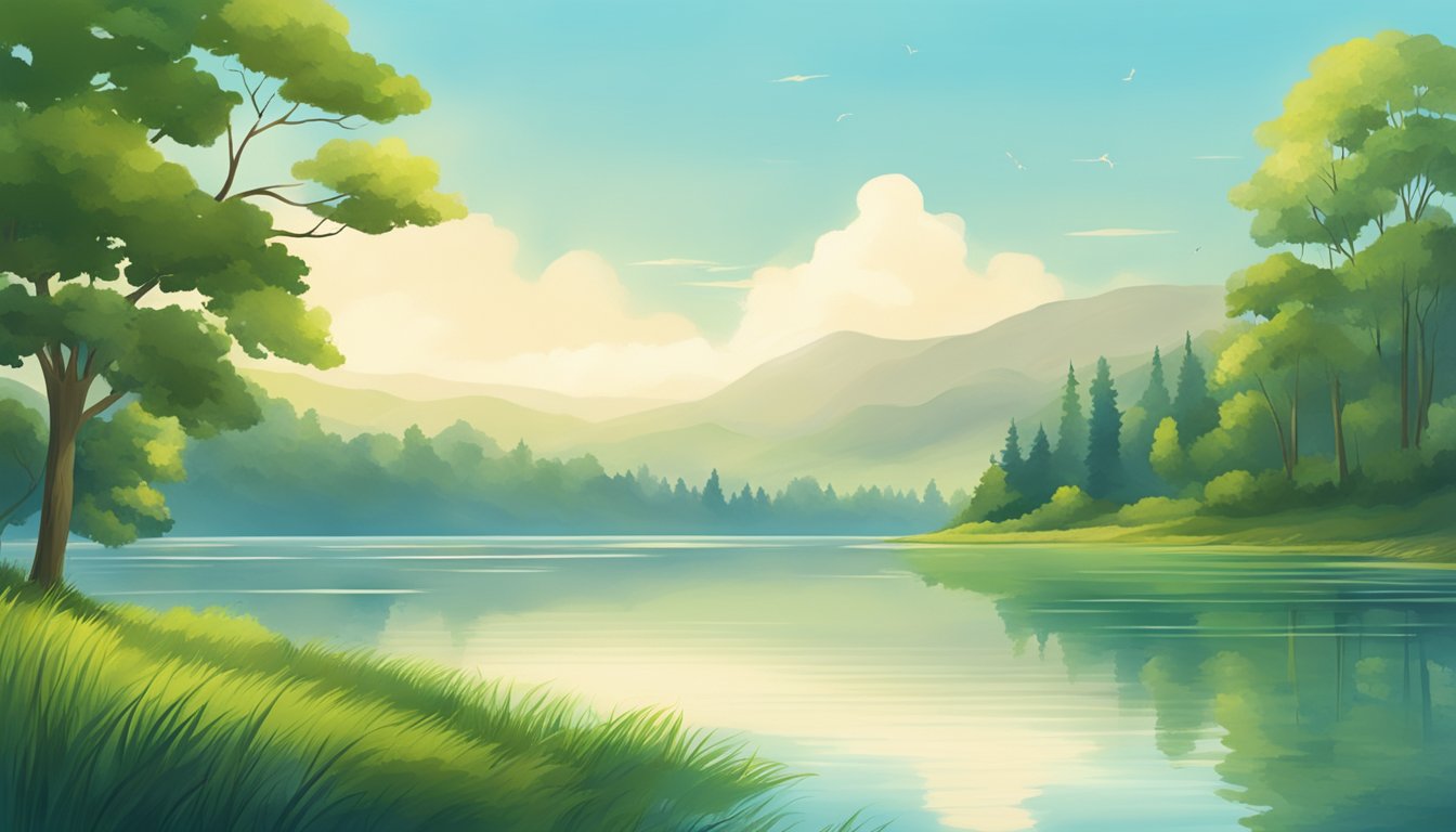 A serene landscape with a calm, clear lake surrounded by lush greenery
and a bright, clear sky. The scene exudes a sense of tranquility and
mindfulness