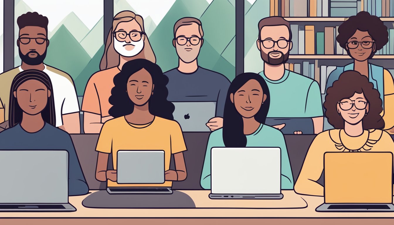 A group of diverse individuals engage in mindfulness activities
online, surrounded by digital resources promoting mental clarity and
focus
