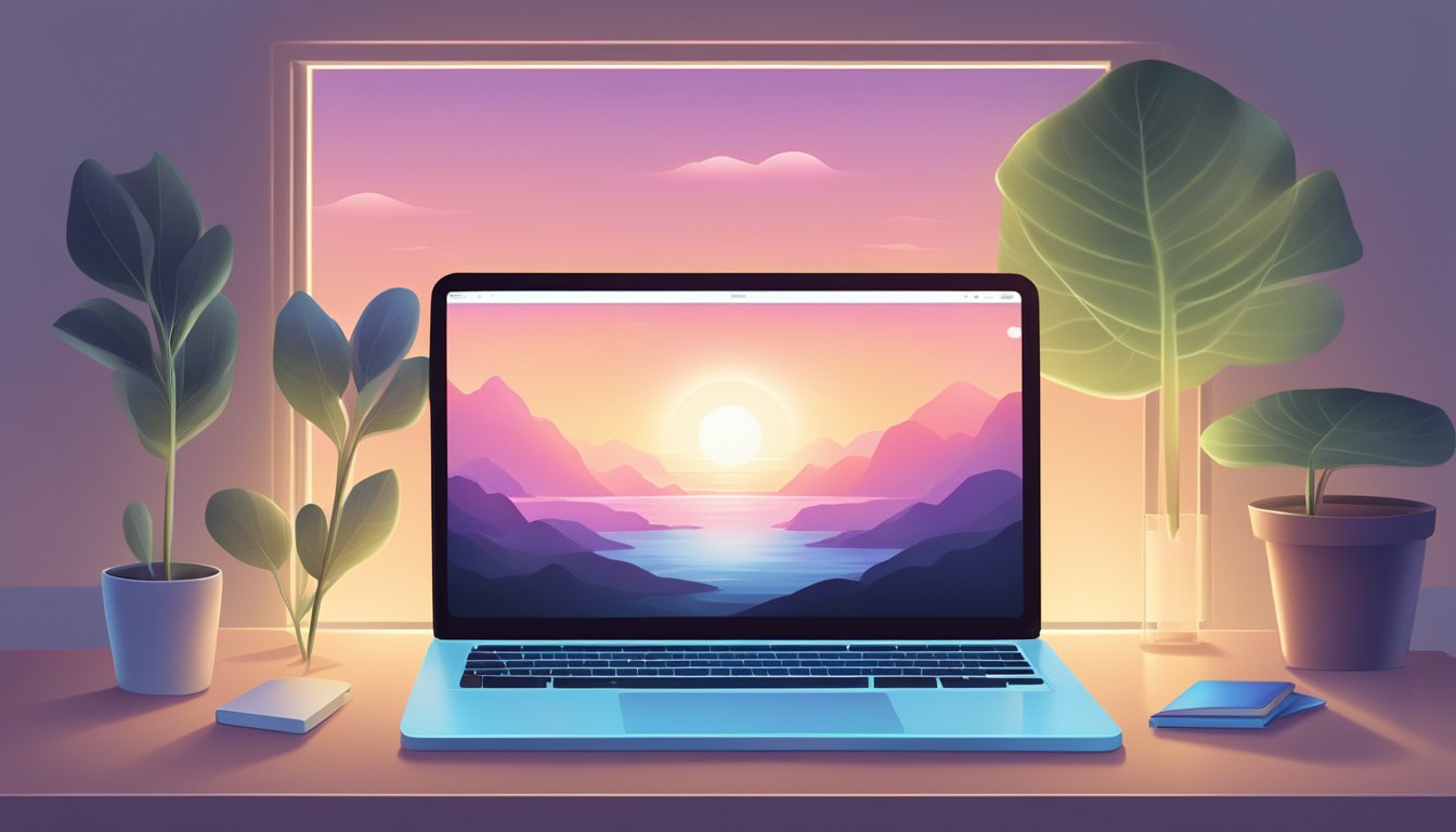 A serene digital landscape with a glowing laptop displaying
mindfulness resources. A calm and focused atmosphere with minimal
distractions
