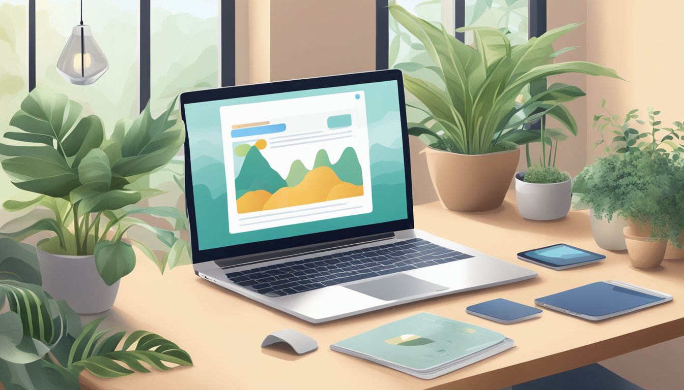 A laptop displaying various mindfulness apps and websites, surrounded
by calming decor and plants, with a serene
atmosphere