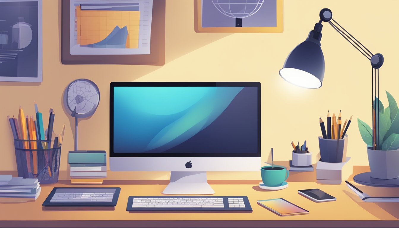 A computer screen displaying various graphic design tools and
tutorials, with a desk lamp illuminating the workspace. A notebook and
pen sit nearby, ready for
note-taking