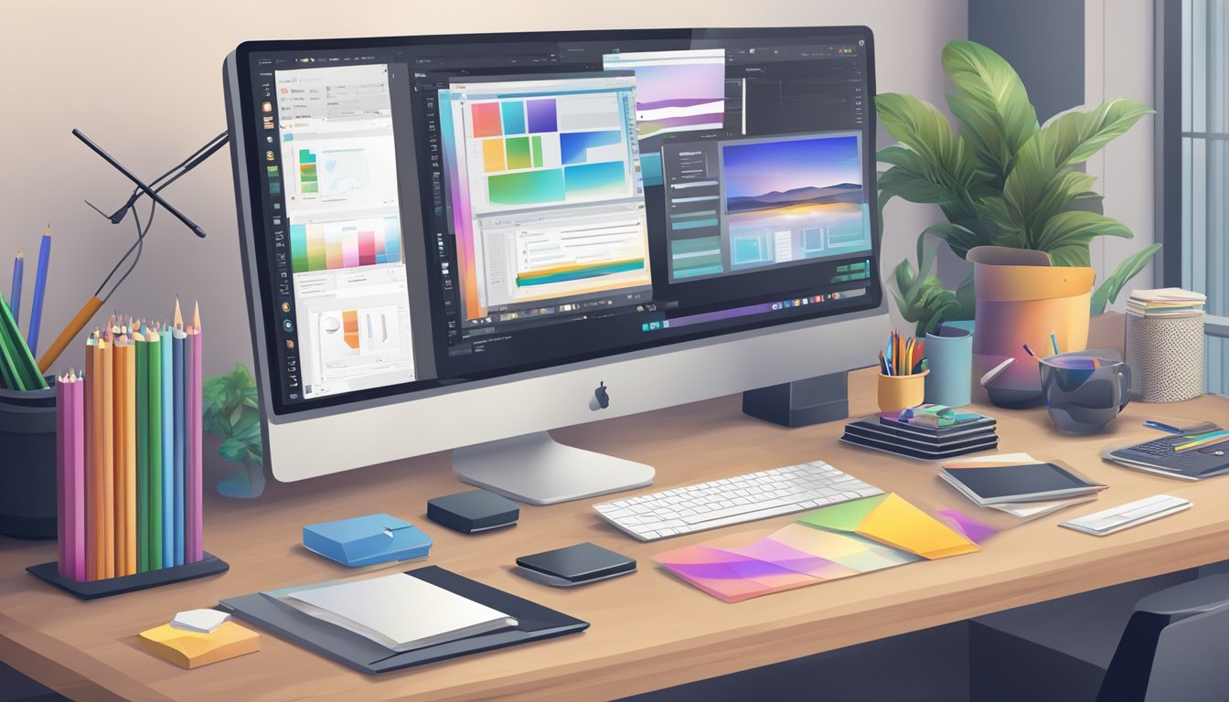 A computer with graphic design software open, surrounded by various
design tools and resources. A sense of accomplishment and mastery
evident in the design work displayed on the
screen