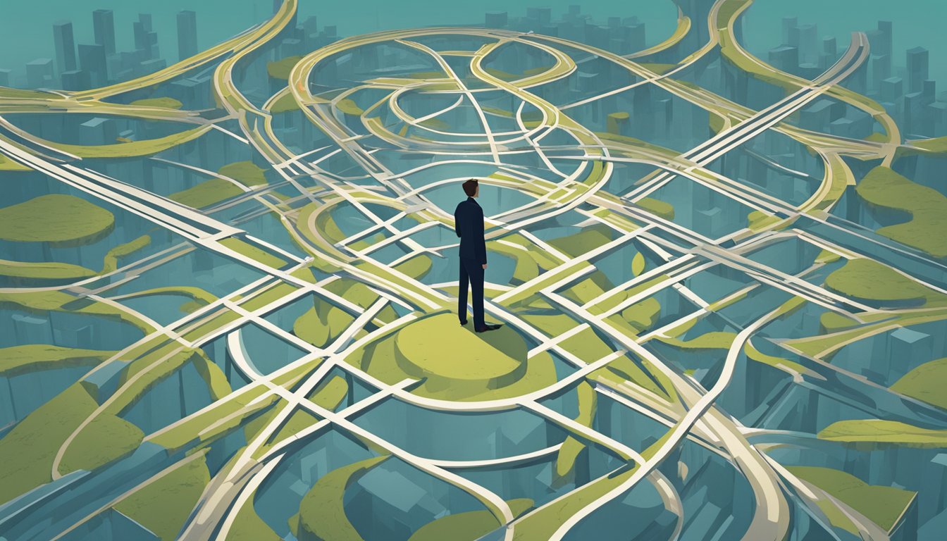 A person standing at a crossroads, with multiple paths leading in
different directions. A figure in the distance offers
guidance