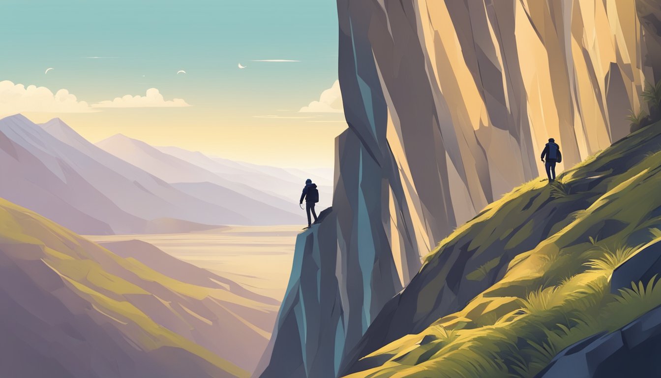 A figure climbing a steep mountain, facing obstacles but guided by a
mentor. The mentor stands at the top, offering support and
encouragement