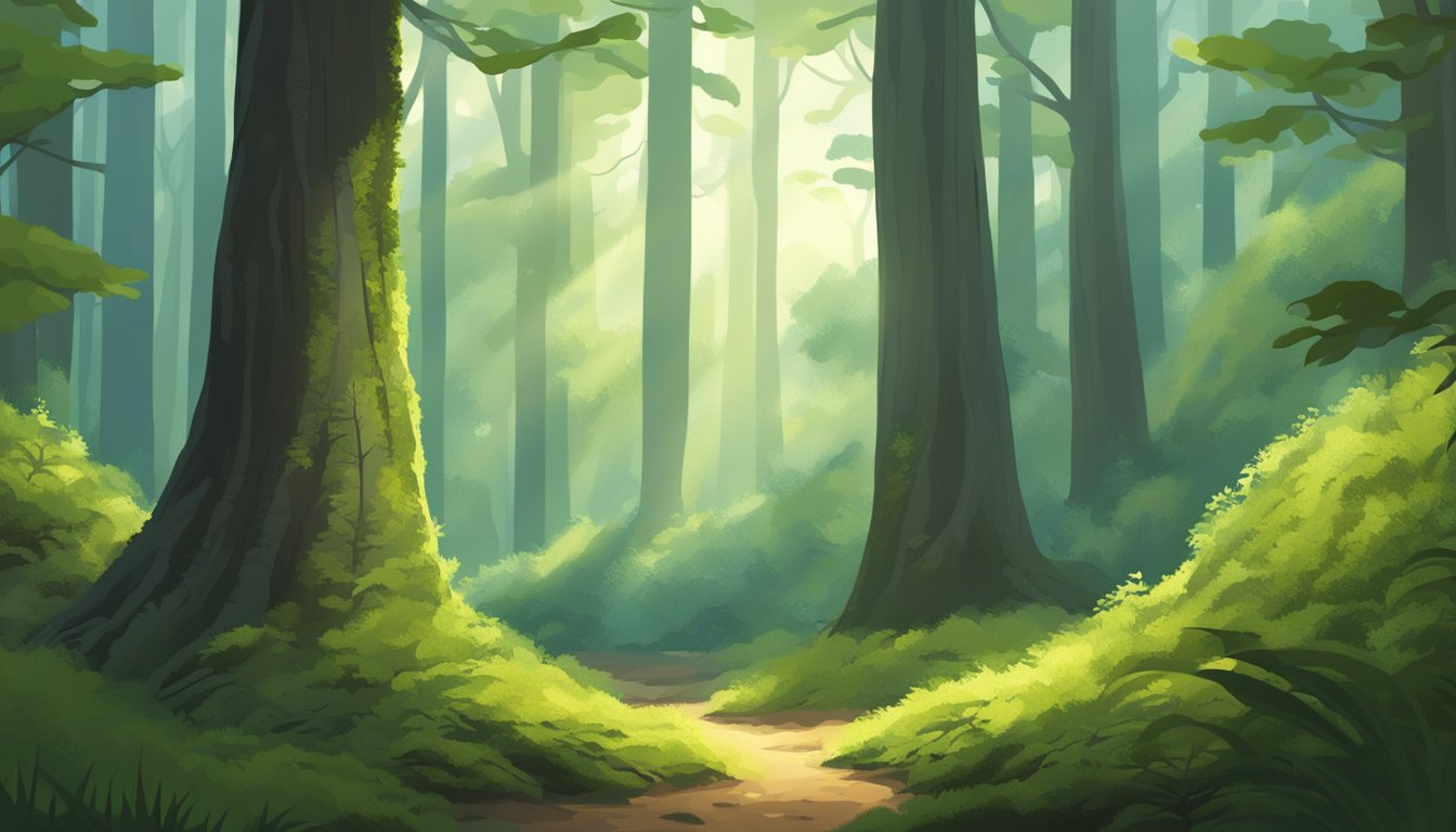 A compass pointing towards a moss-covered tree in a dense forest, with
sunlight filtering through the canopy onto the forest
floor
