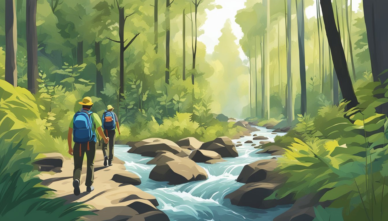 Participants using maps and compasses in a forest, crossing streams
and navigating through dense
vegetation