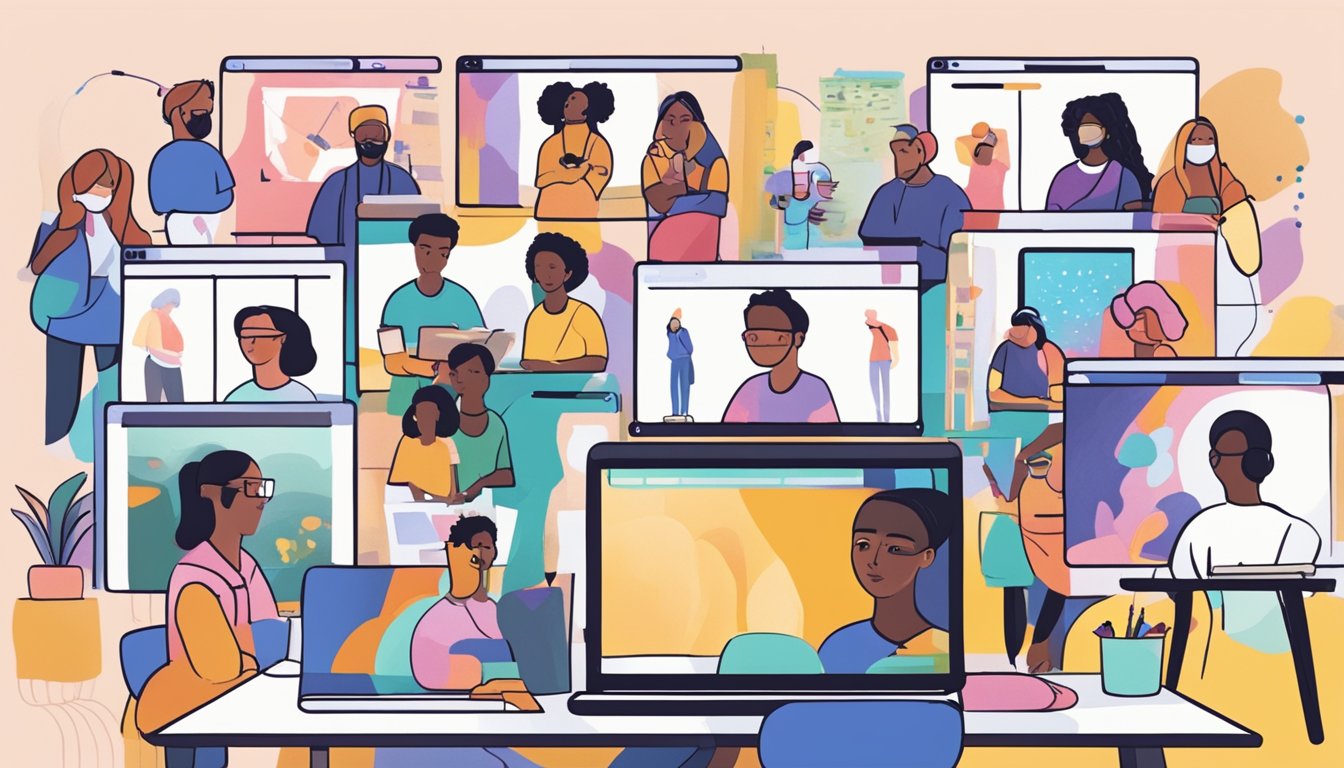 A group of artists from around the world gather virtually, sharing
ideas and techniques in a collaborative online art workshop. The screen
is filled with colorful digital illustrations and sketches, showcasing
the diverse creativity of the
participants