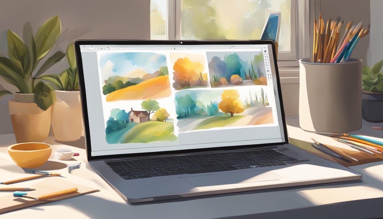 A laptop displaying an online art workshop with various art supplies
scattered around, including paintbrushes, pencils, and a blank canvas. A
window lets in natural light, creating a warm and inviting
atmosphere