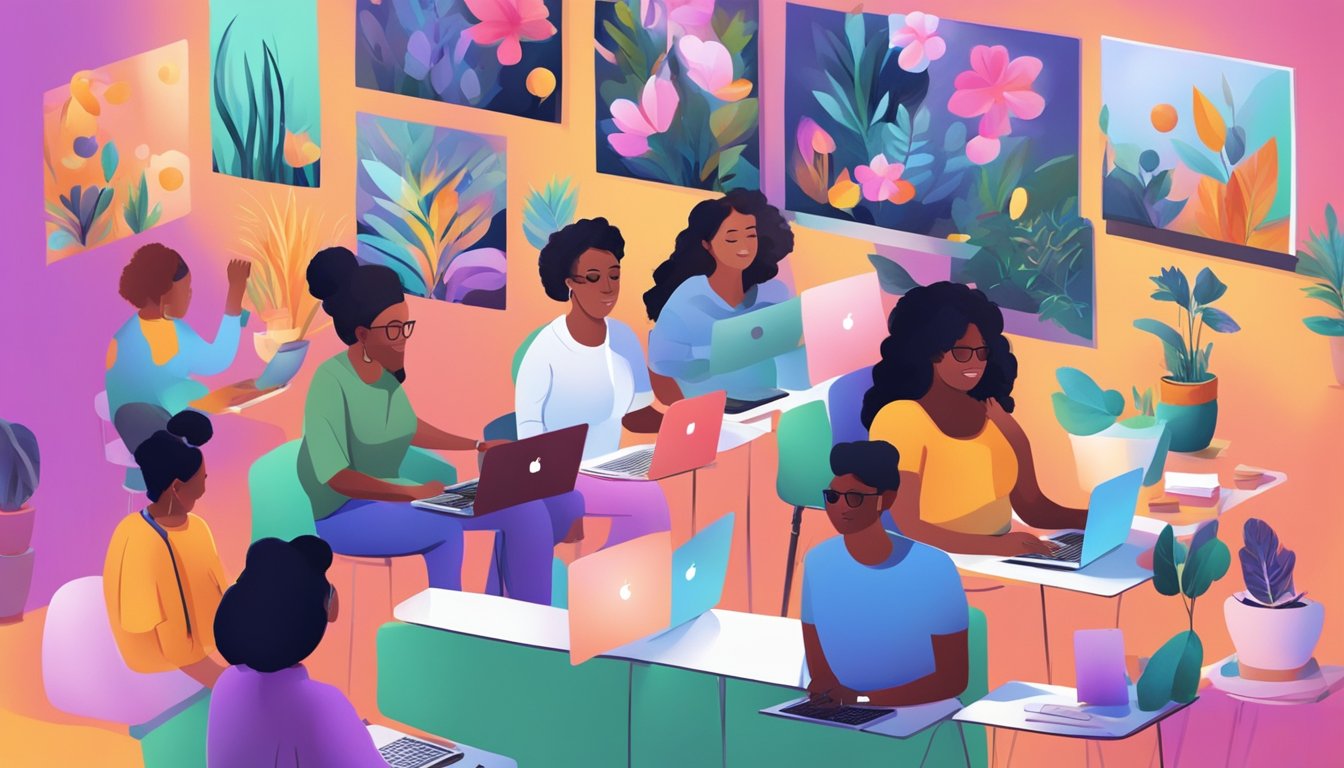 A colorful virtual art workshop with digital tools and a diverse group
of participants creating and sharing their artwork
online