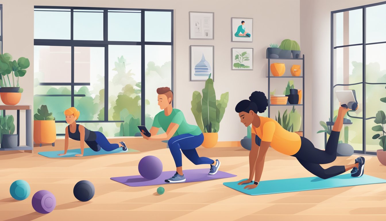 People accessing online fitness programs from various devices in
different settings, such as home, gym, or outdoor
spaces