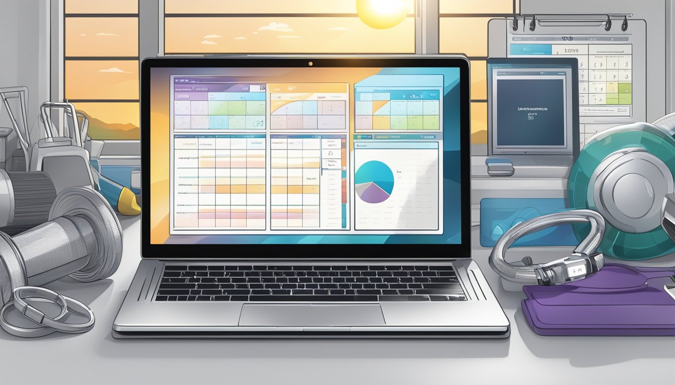A laptop displaying a variety of workout programs, surrounded by
fitness equipment and a calendar, with the sun rising in the
background