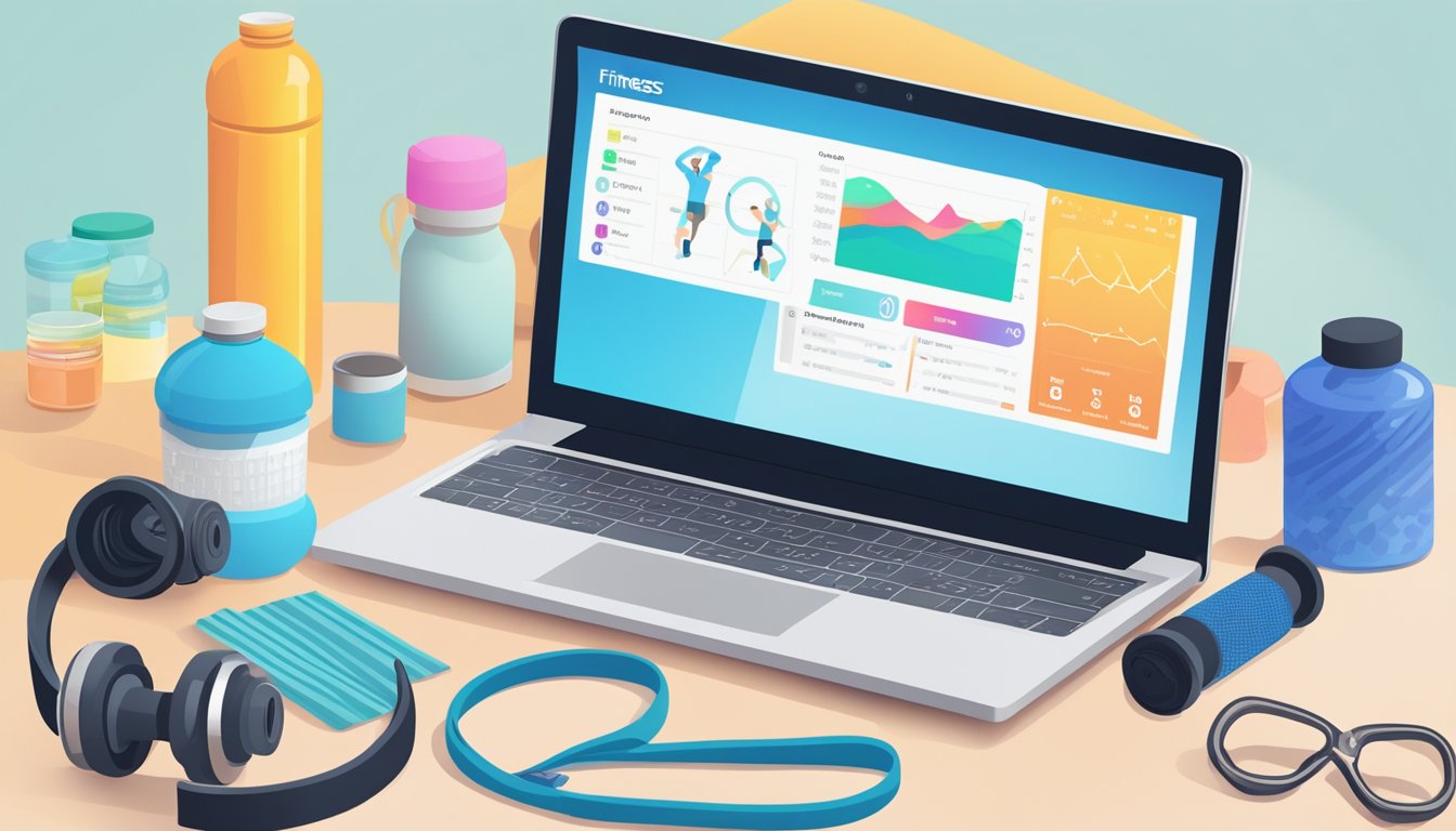 A laptop displaying a variety of fitness programs with different
workout options. A person’s lifestyle items such as a water bottle,
running shoes, and a yoga mat are scattered around the
laptop