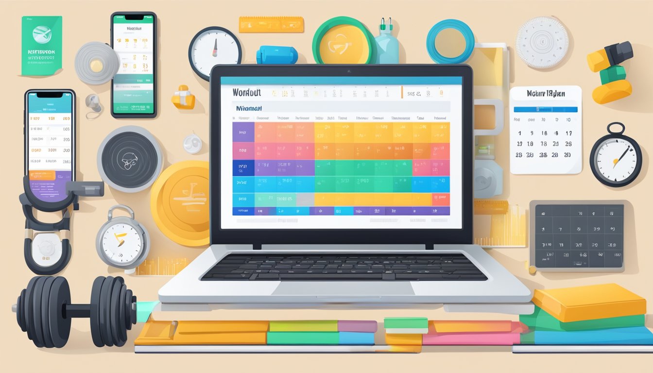 A laptop displaying a personalized workout plan, surrounded by fitness
equipment and a calendar, with a seamless online
interface