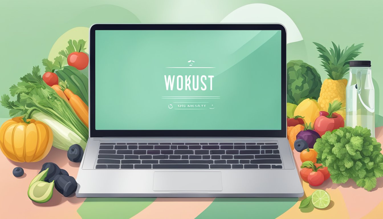 A laptop displaying a customized workout plan surrounded by fresh
fruits and vegetables, a water bottle, and a yoga
mat