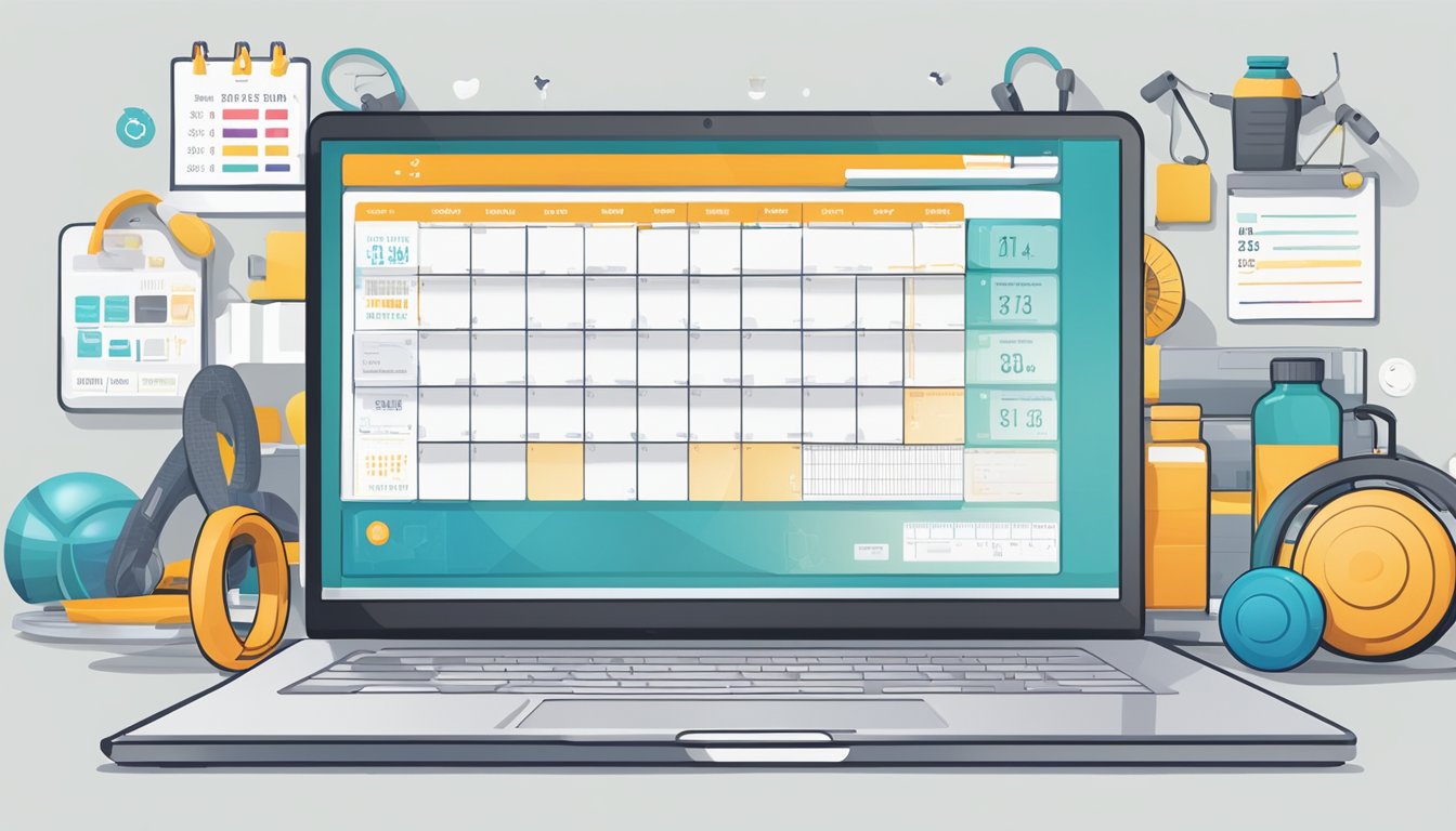 A laptop displaying a personalized workout plan, surrounded by various
fitness equipment and a calendar, symbolizing the customization and
integration of online fitness programs into daily
life