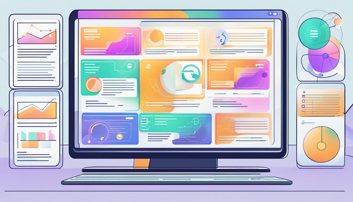 A computer screen displays a futuristic learning management system
with interactive features. A digital platform showcases online learning
trends for 2024 and
beyond