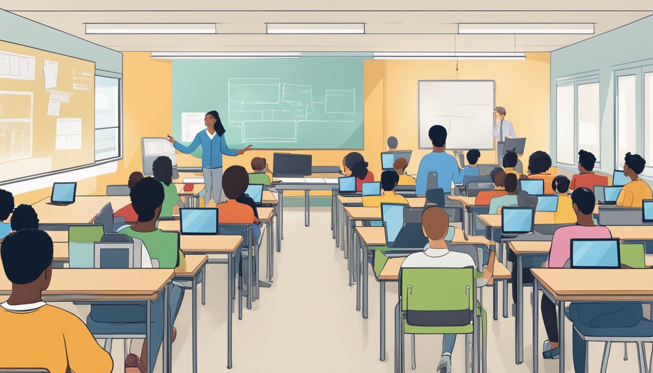 A classroom with half of the students sitting at desks and the other
half participating through computer screens. The teacher is moving
between the two groups, facilitating discussions and
activities