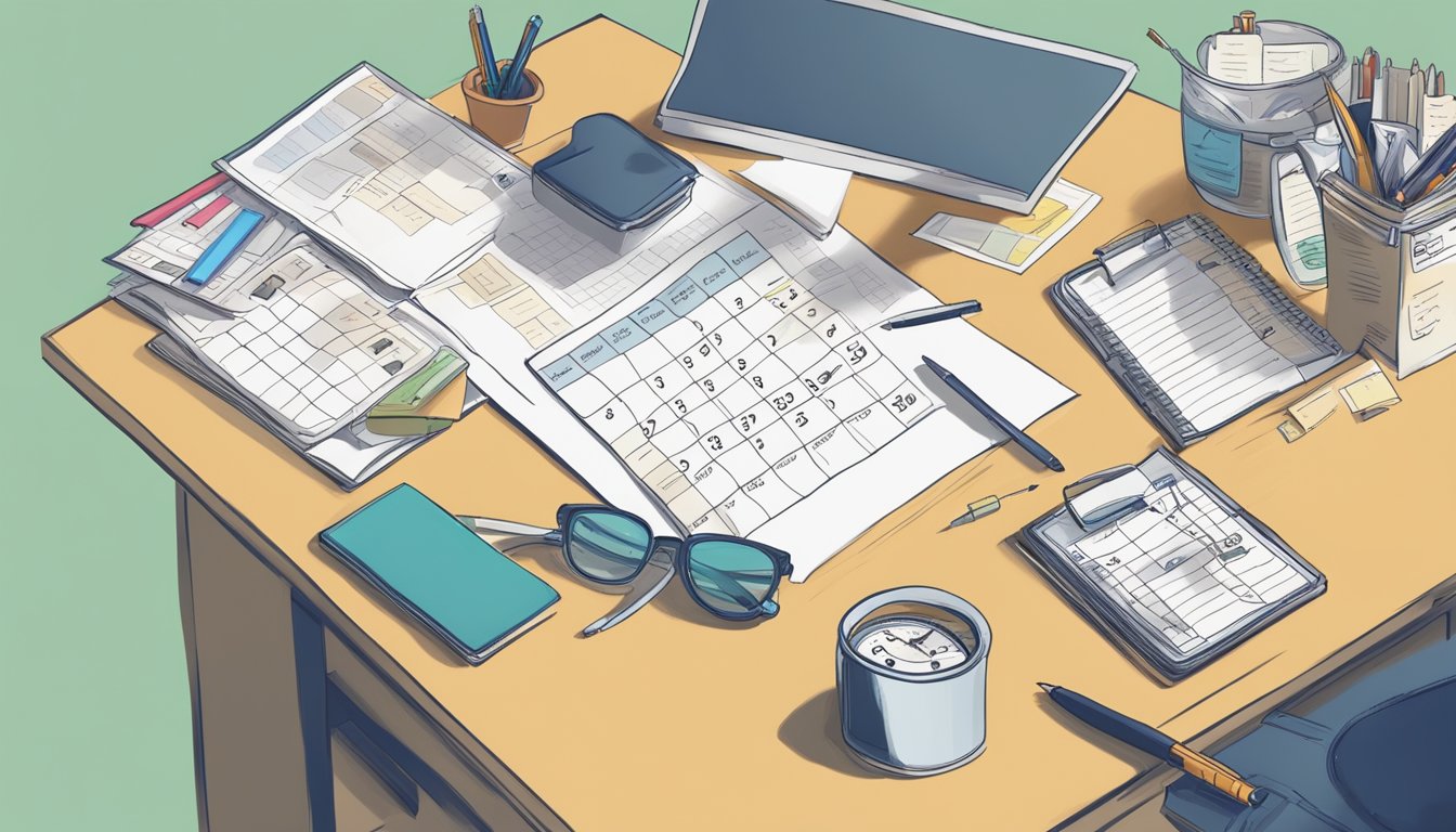 A cluttered desk with a calendar, to-do list, and a timer. A person’s
hand reaching for a pen. An empty trash can symbolizing discarding
procrastination