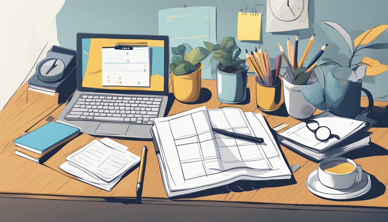 A cluttered desk with a to-do list, a timer, and a motivational
poster. A person crossing off tasks with
determination