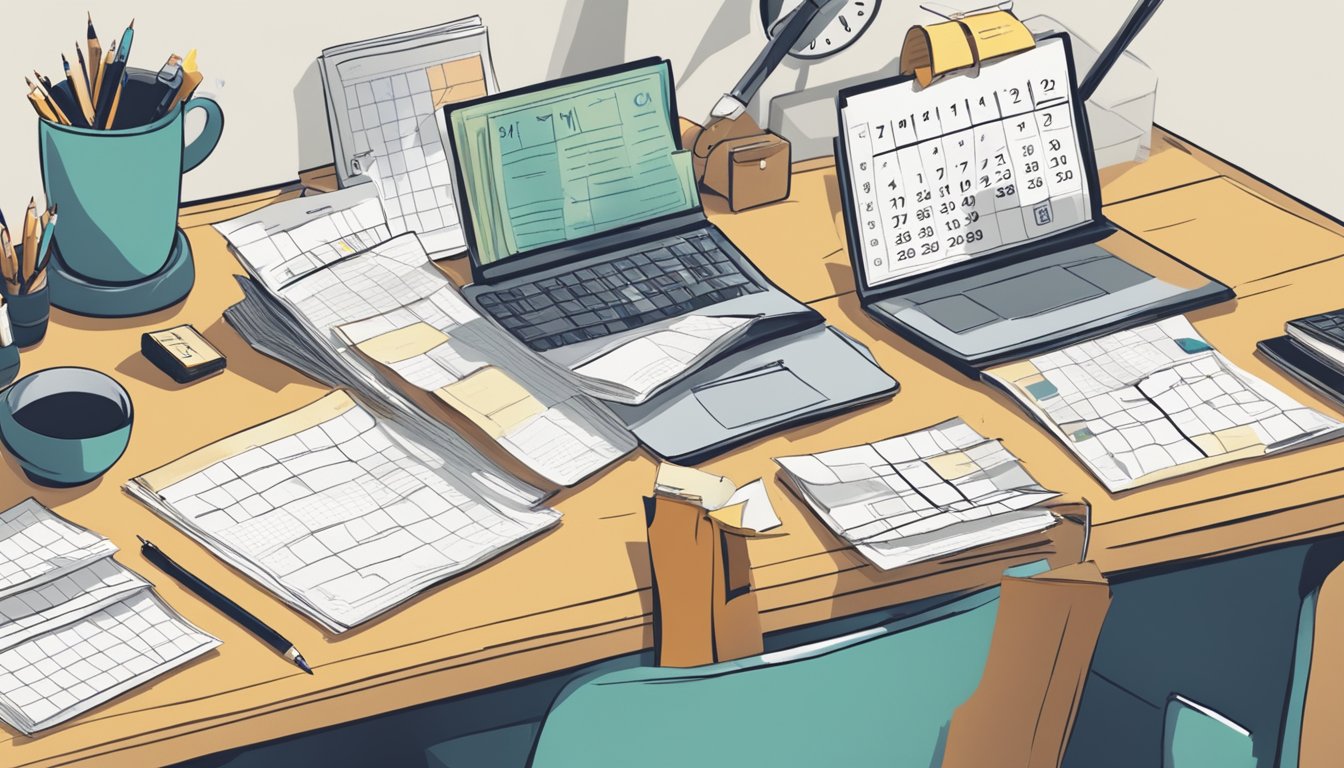 A cluttered desk with a calendar marked with deadlines, a crossed-out
to-do list, and a clock ticking in the background. A person is seen
taking small, deliberate steps towards completing
tasks