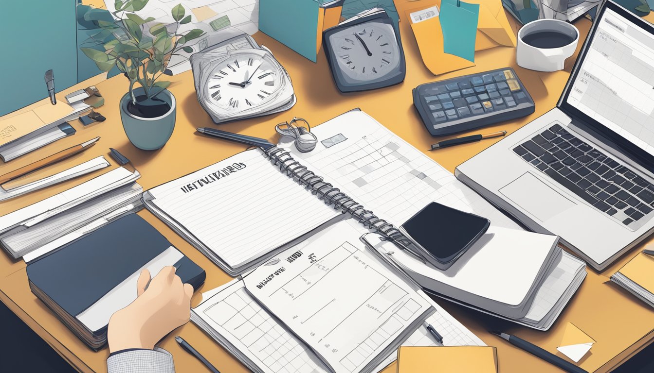 A cluttered desk with unfinished tasks, a clock ticking in the
background, and a person crossing off items on a to-do
list