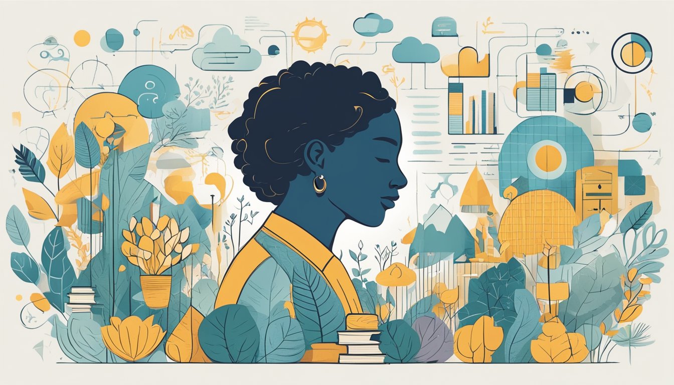 A serene and focused individual surrounded by uplifting words and
phrases, surrounded by symbols of growth and
success