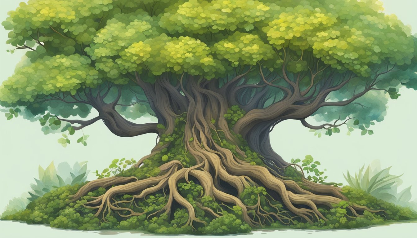 A group of diverse plants growing together, intertwining their roots
and providing support to each other in a vibrant and resilient
environment