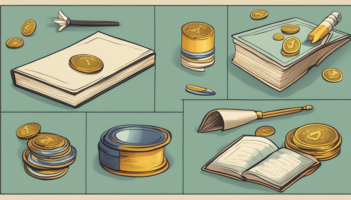 A table set with various props like cards, coins, and a magic wand. A
book titled “Simple Magic Tricks” open to a page with
instructions