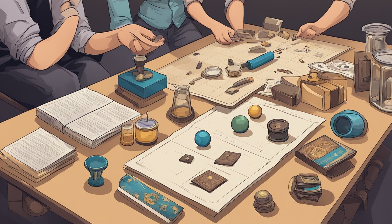Objects and props for magic tricks laid out on a table with
instructions nearby. A puzzled expression on a friend’s face while
watching the magician
perform
