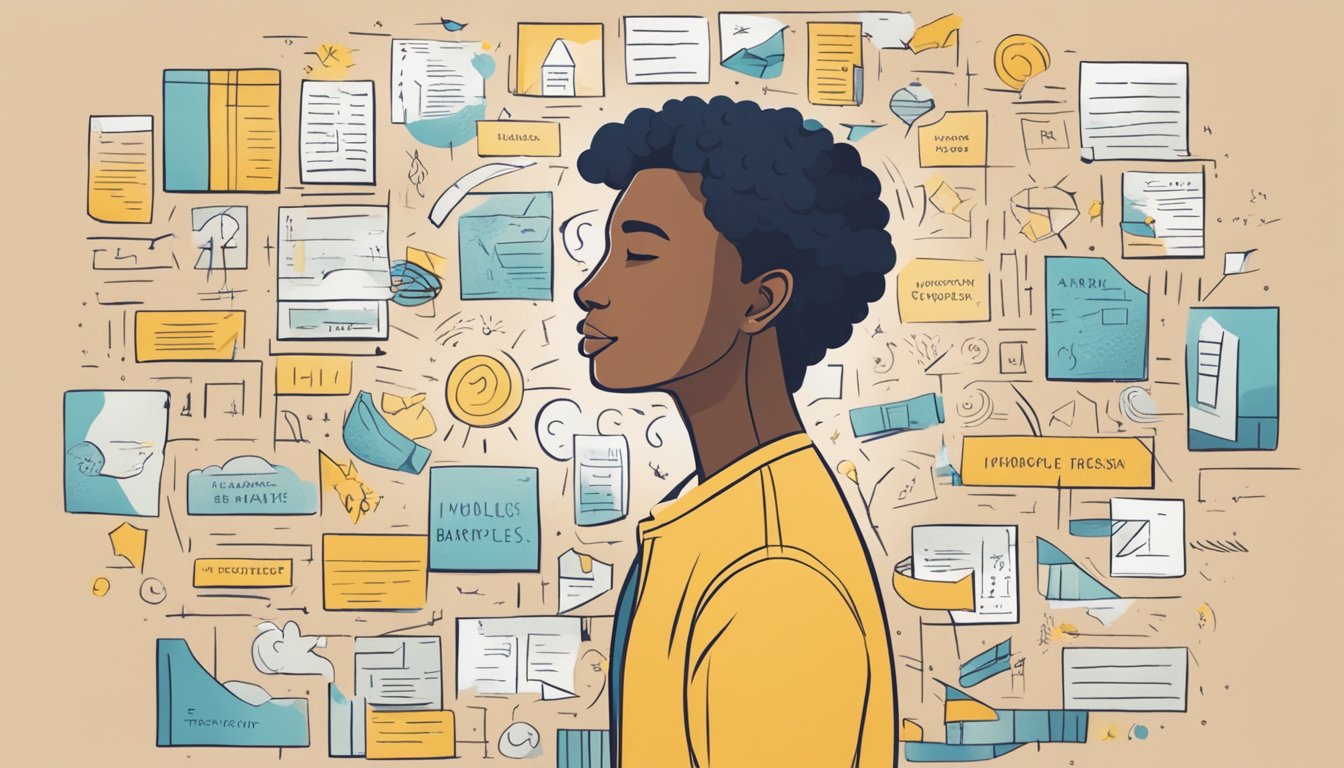 A person standing tall, surrounded by supportive words and positive
affirmations, breaking through a barrier symbolizing imposter
syndrome