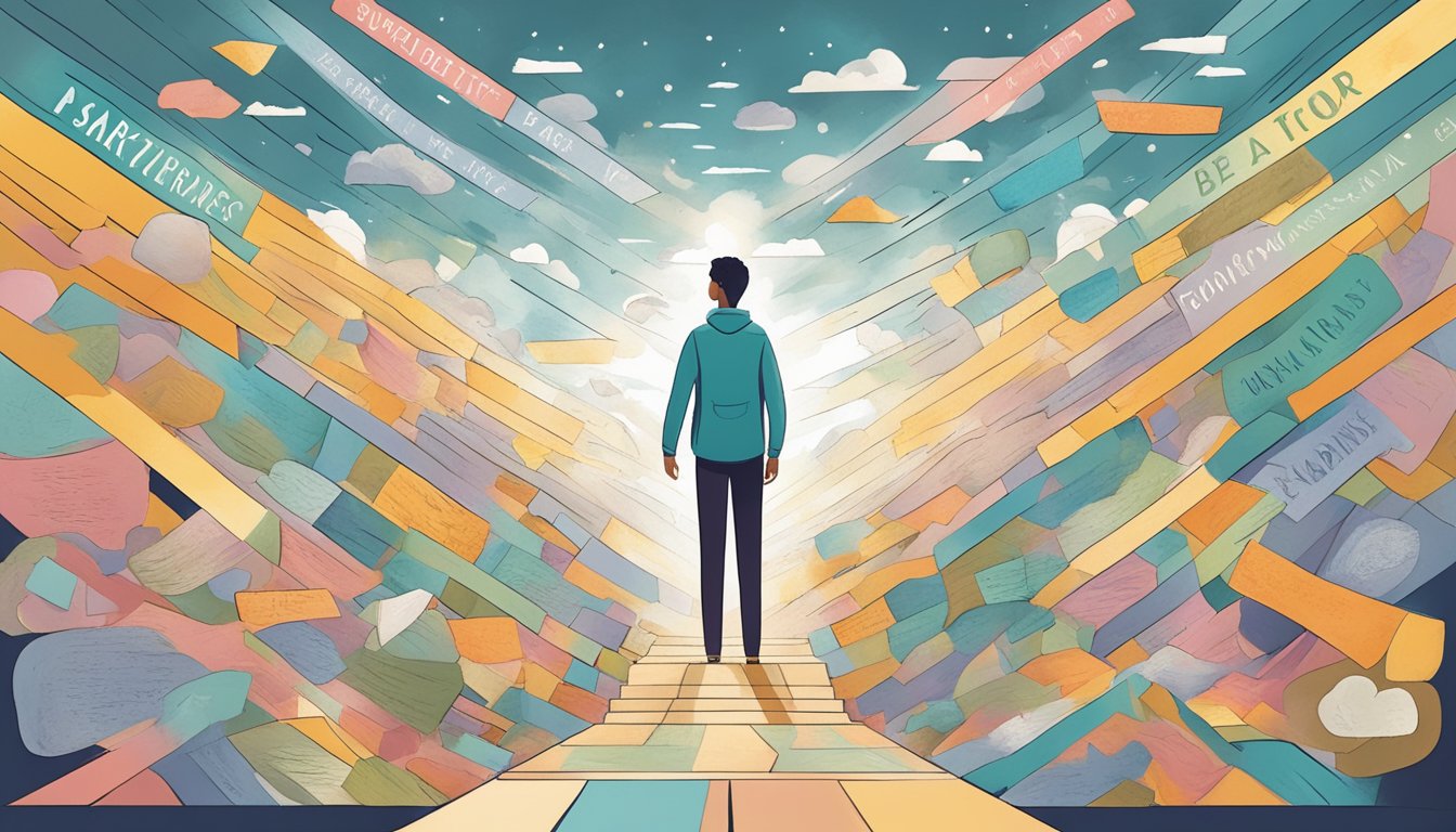 A person standing tall, surrounded by supportive words and positive
affirmations, breaking through barriers and overcoming
self-doubt