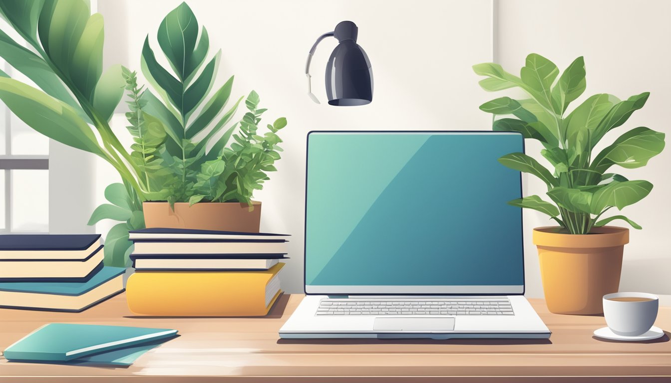A desk with a laptop, books, and a notepad. A motivational poster on
the wall. A plant in a bright, modern office
setting